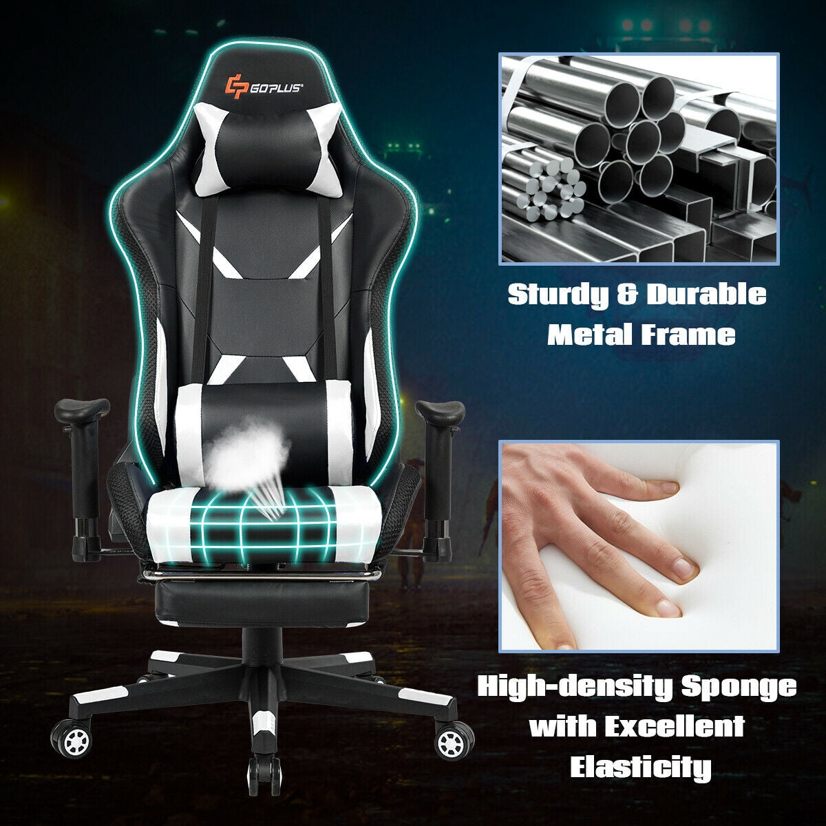Ergonomic High Back Massage Gaming Chair with Light and Handrails