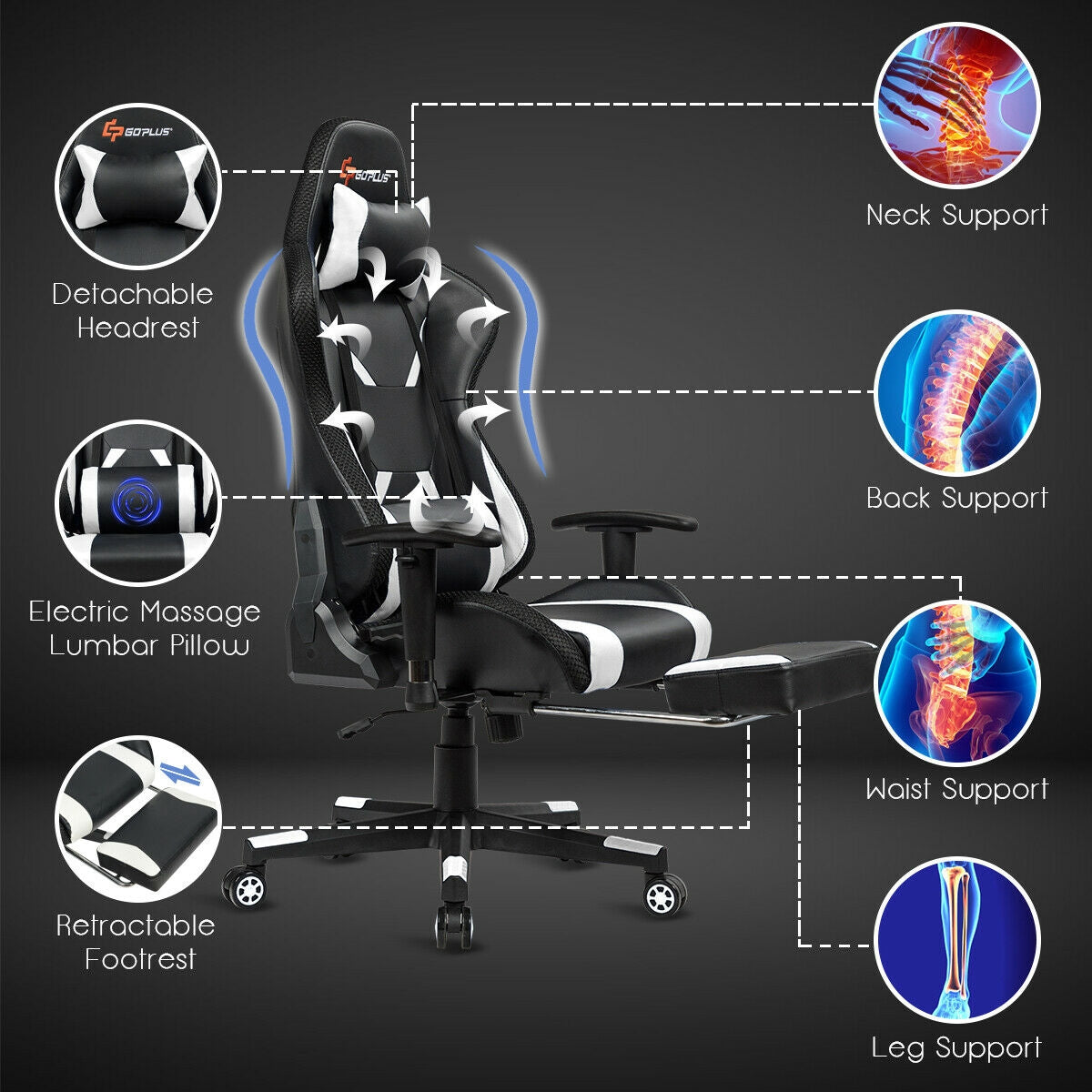 Ergonomic High Back Massage Gaming Chair with Light and Handrails