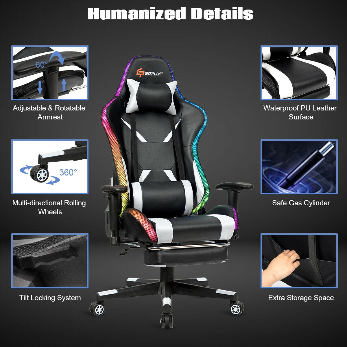 Ergonomic High Back Massage Gaming Chair with Light and Handrails
