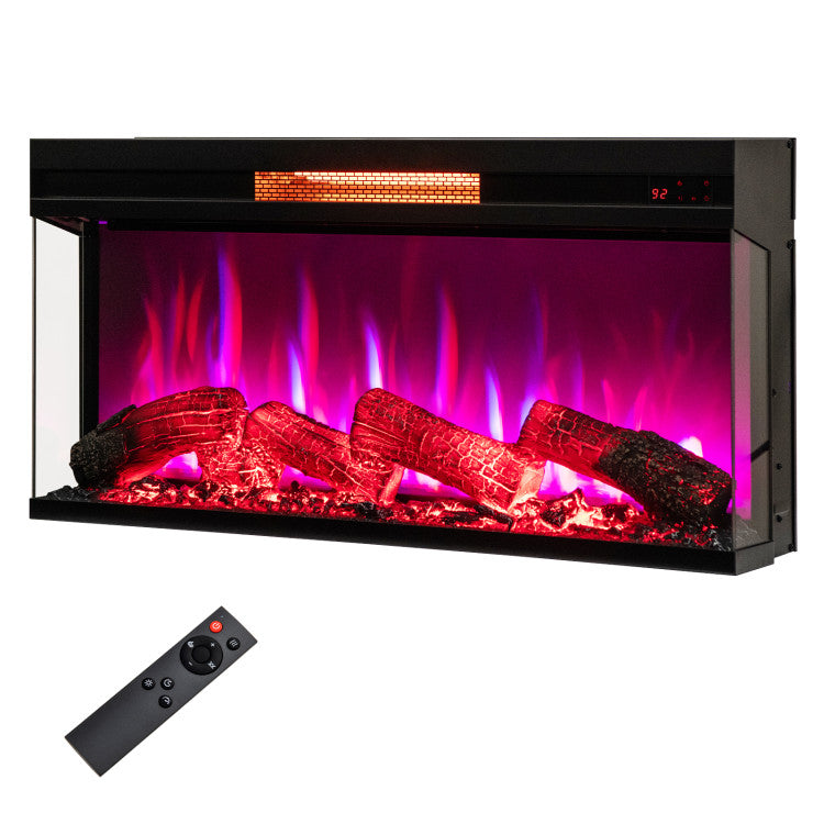 36 Inch 3 Side Glass Electric Fireplace 1500W Fireplace Heater with Remote Control and Overheat Protection