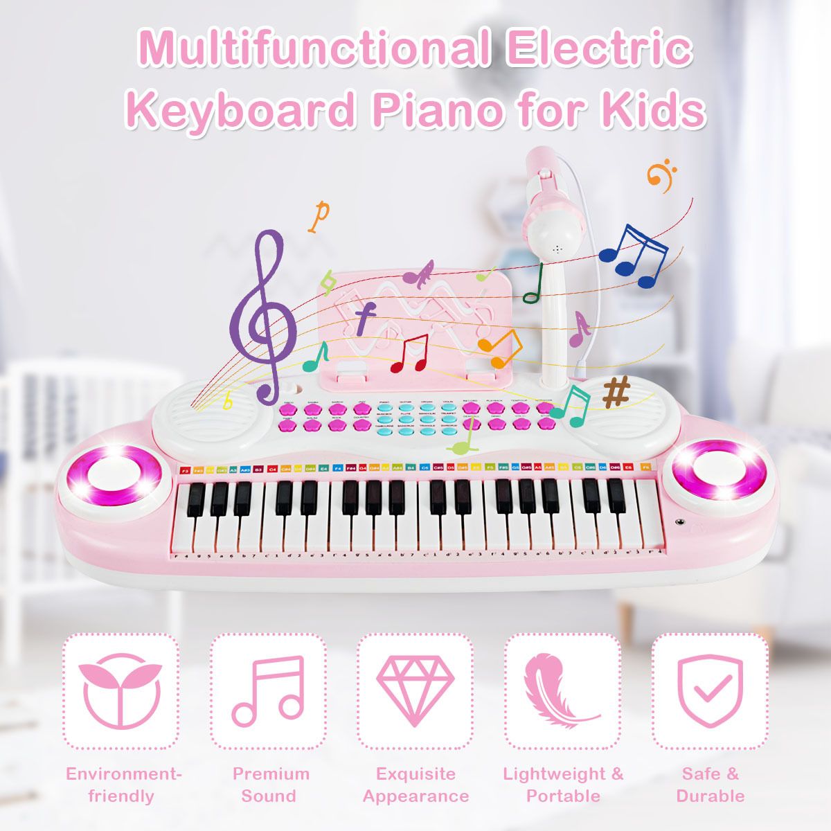 37 Keys Electronic Musical Instrument with Microphone, Multi-Function Keyboard Teaching Toy