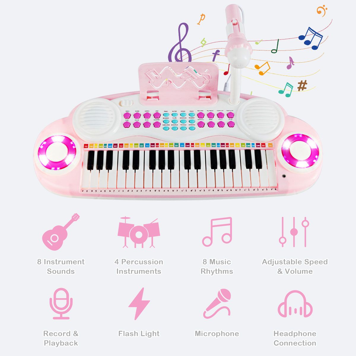 37 Keys Electronic Musical Instrument with Microphone, Multi-Function Keyboard Teaching Toy
