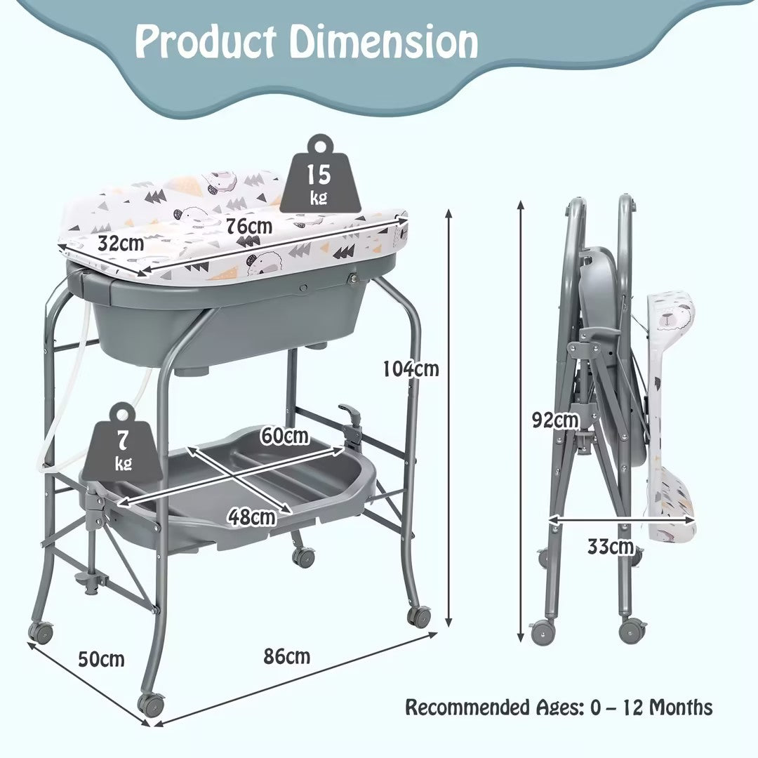Hikidspace Baby Bathtub with Changing Table, Foldable Diaper Changing Station with Storage Tray