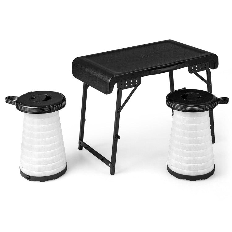 3 Pieces Folding Camping Table Stool Set with LED in the Retractable Stools
