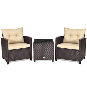 3 Pcs Rattan Patio Conversation Set Outdoor Wicker Sofa Set with Washable Cushions & Coffee Table