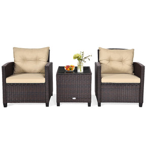 3 Pcs Rattan Patio Conversation Set Outdoor Wicker Sofa Set with Washable Cushions & Coffee Table