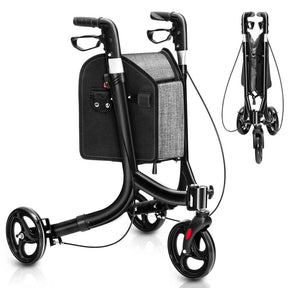 3 Wheel Foldable Rollator Walker with Height Adjustable Handles and  Removable Large Shopping Bag