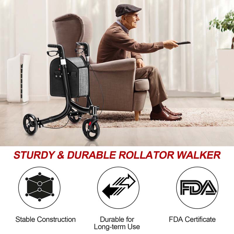 3 Wheel Foldable Rollator Walker with Height Adjustable Handles and  Removable Large Shopping Bag