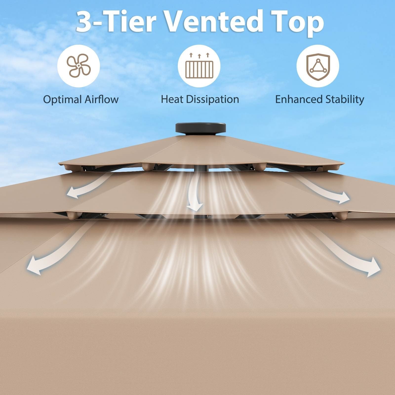 3m Solar Patio Umbrella w/ 32 LED Lights 3-Tier Vented Top Tilt Adjustment Beach