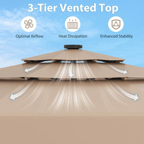 3m Solar Patio Umbrella w/ 32 LED Lights 3-Tier Vented Top Tilt Adjustment Beach