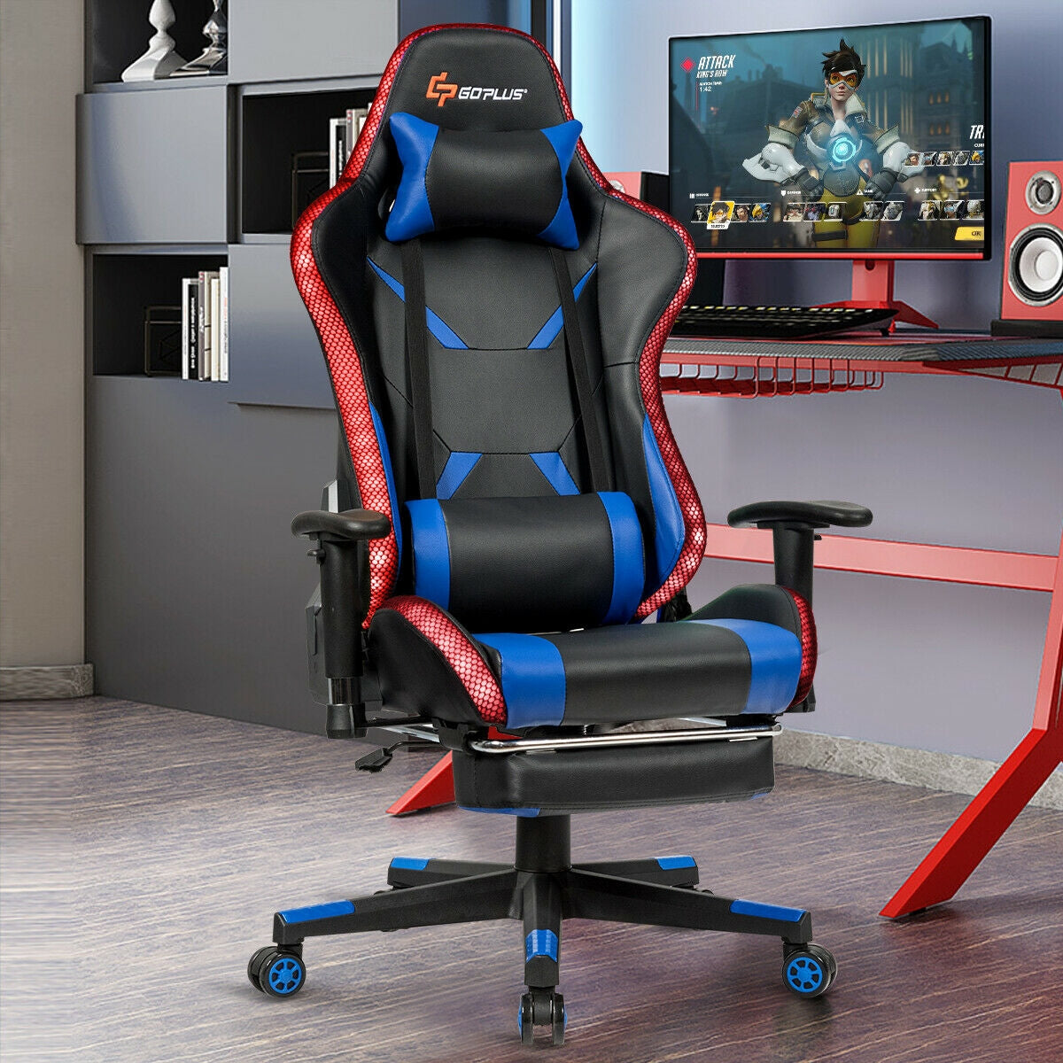 Ergonomic High Back Massage Gaming Chair with Light and Handrails