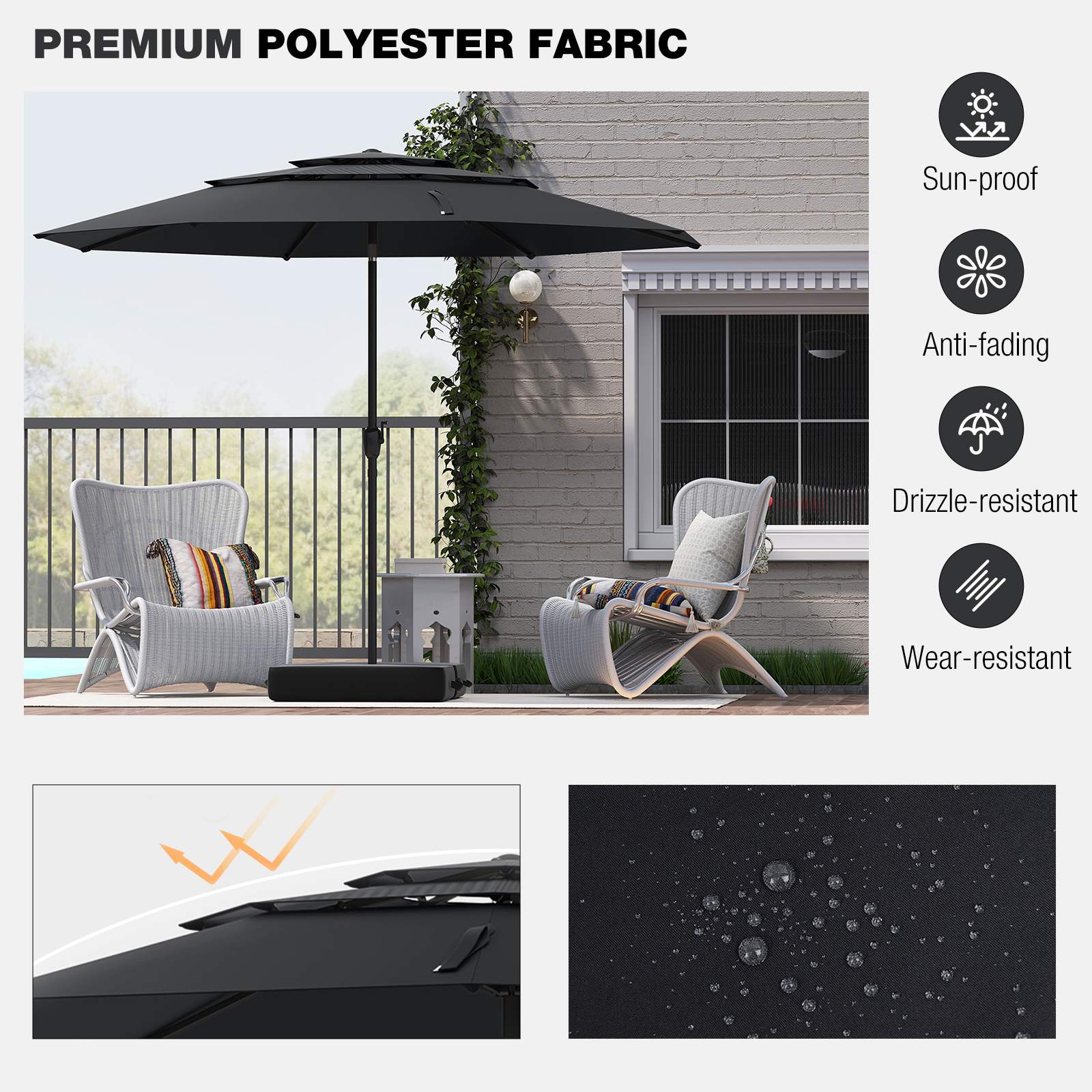 3 m 3-tier Vented Patio Umbrella Outdoor Heavy Duty Sun Shade w/Push Button Tilt