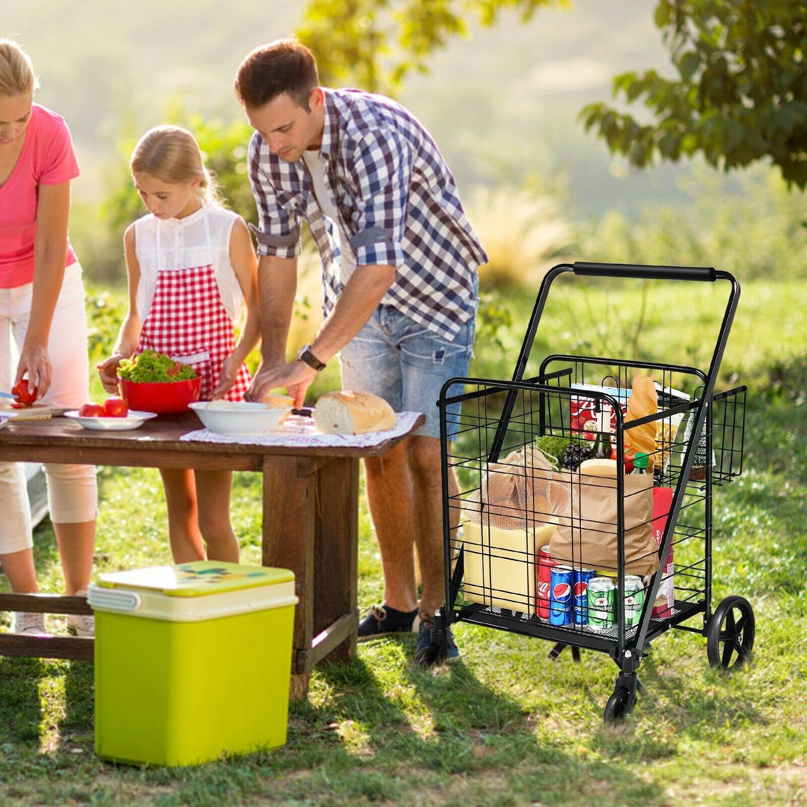 Portable Jumbo Double Basket Utility Grocery Cart Heavy Duty Folding Shopping Cart with 360° Rolling Swivel Wheels