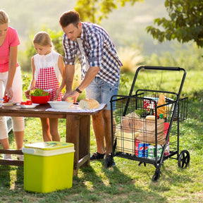 Portable Jumbo Double Basket Utility Grocery Cart Heavy Duty Folding Shopping Cart with 360° Rolling Swivel Wheels