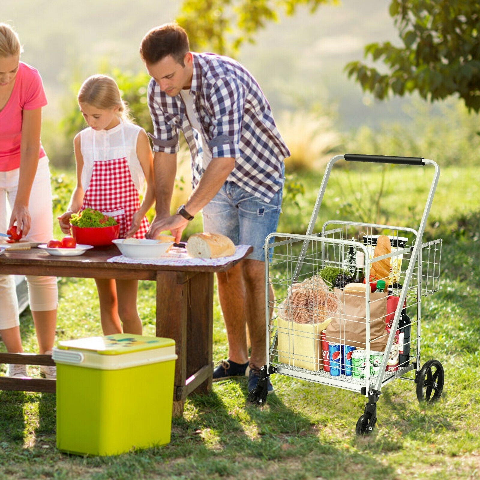 Portable Jumbo Double Basket Utility Grocery Cart Heavy Duty Folding Shopping Cart with 360° Rolling Swivel Wheels