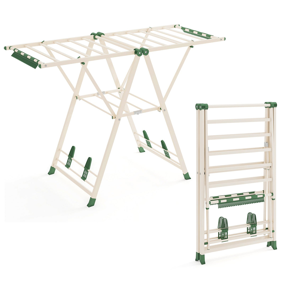 Foldable Metal Laundry Drying Rack with Height Adjustable Wings, 16 Drying Rails