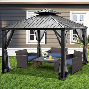 12' x 10' Outdoor Hardtop Gazebo Patio Galvanized Steel Pergolas Canopy Pavilion with Double Roof and Netting