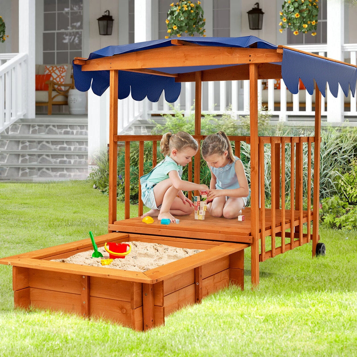 Kids Outdoor Wooden Retractable Sandbox with Cover and Built-in Wheels