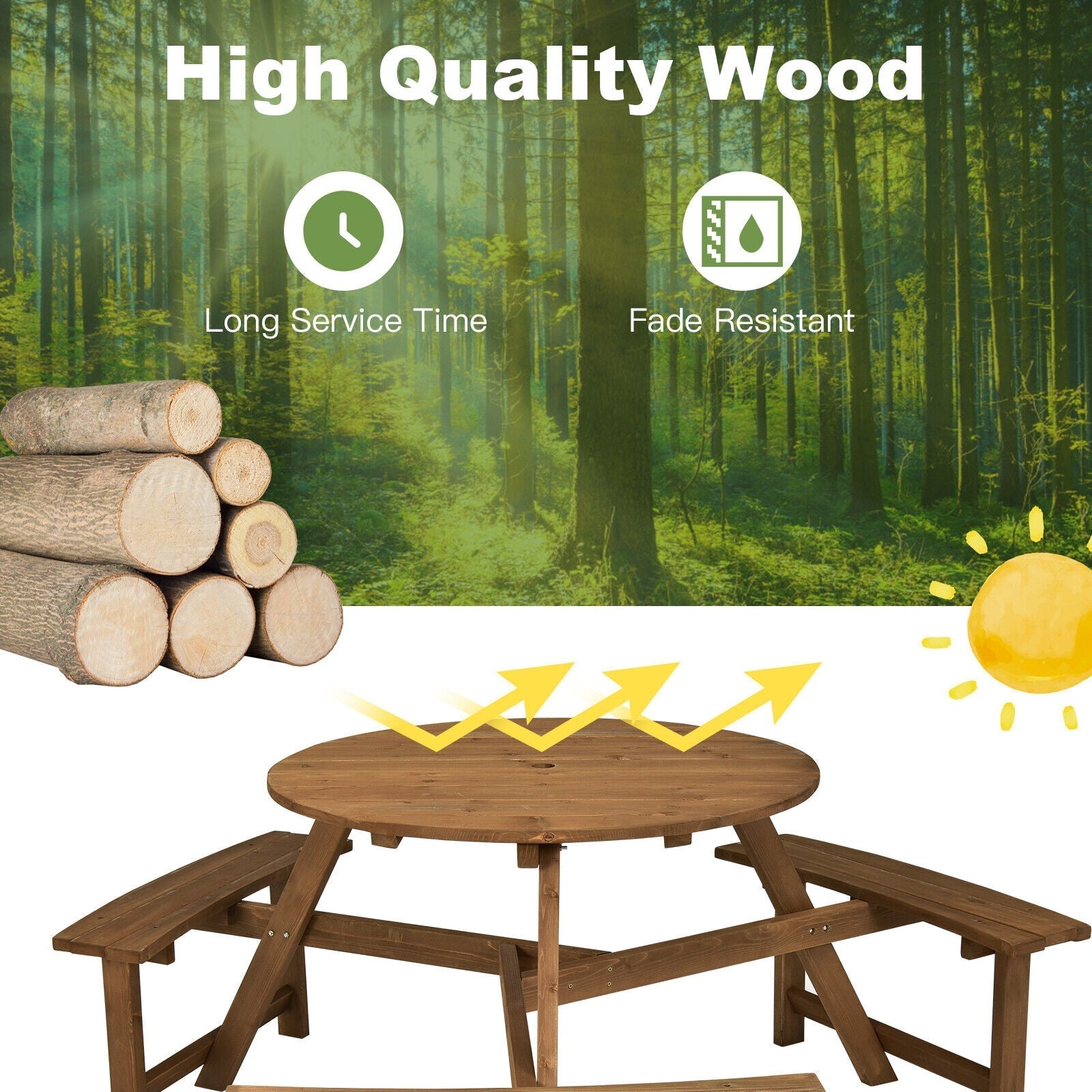 6-person Round Wooden Picnic Table with Umbrella Hole and 3 Built-in Benches