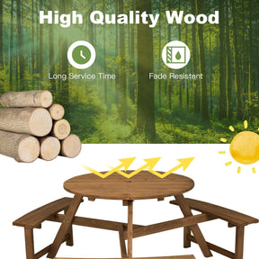 6-person Round Wooden Picnic Table with Umbrella Hole and 3 Built-in Benches