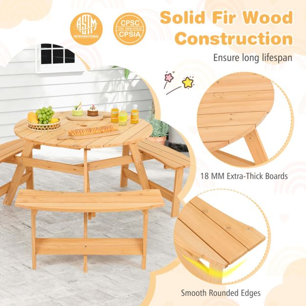6 Person Kids Outdoor Wooden Picnic Table and Bench Set with Umbrella Hole