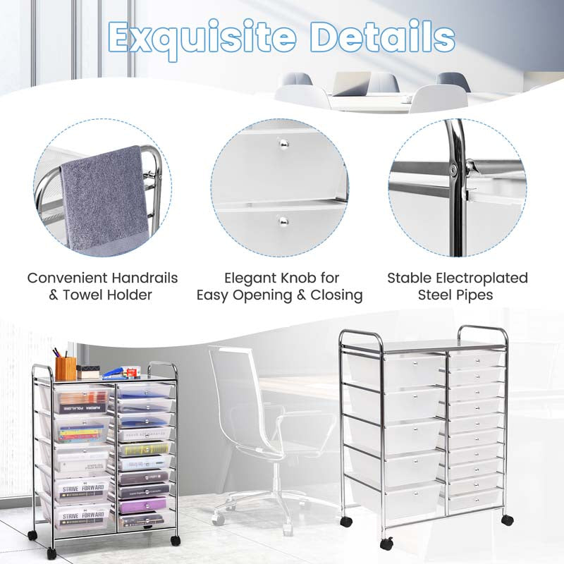 15-Drawer Storage Drawer Cart Tools Scrapbook Paper Organizer Cart Office School Utility Cart Rolling Storage Cart with Wheels