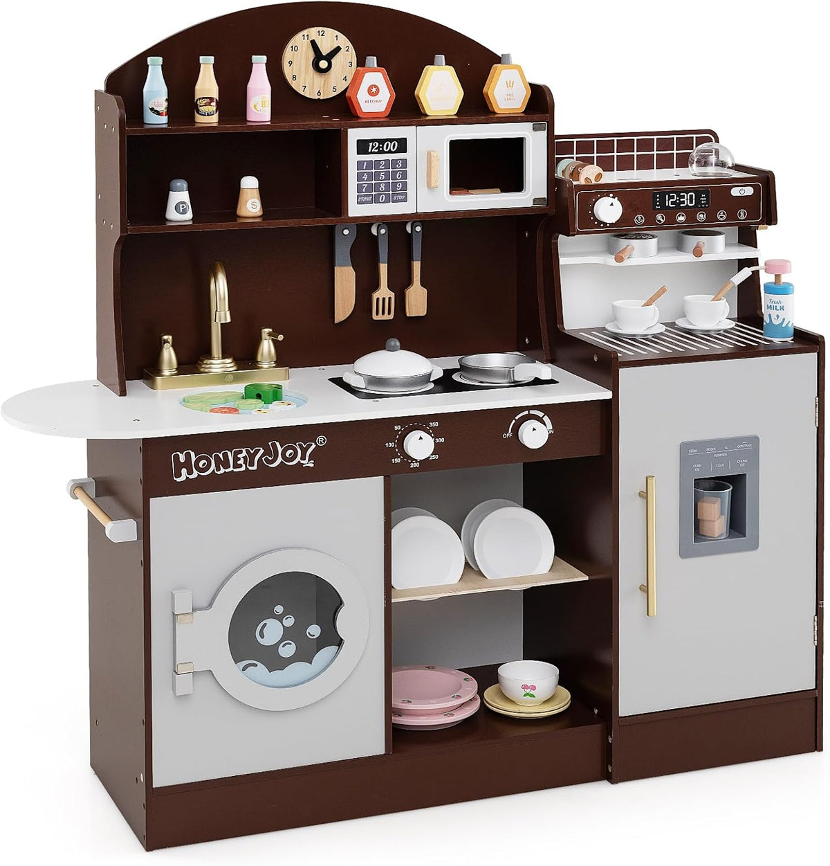 Kids Kitchen Playset, Wooden Pretend Play Kitchen w/Clock, Microwave, Sink, Dish Rack, Washing Machine, Ice & Coffee Makers