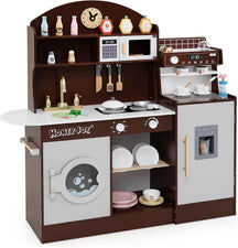 Kids Kitchen Playset, Wooden Pretend Play Kitchen w/Clock, Microwave, Sink, Dish Rack, Washing Machine, Ice & Coffee Makers