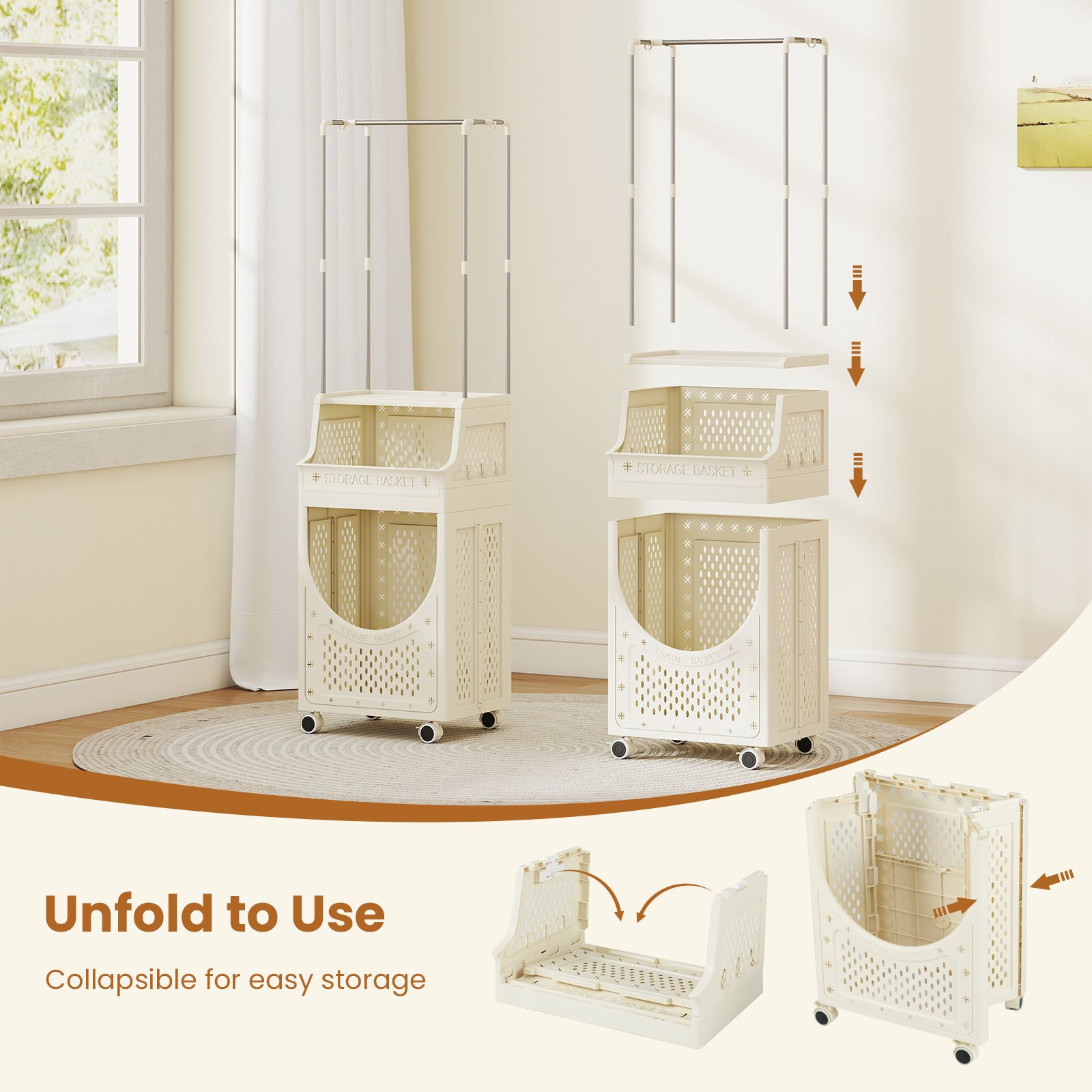 Laundry Cart with Hanging Bar Folding Laundry Hamper