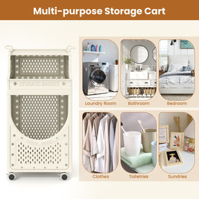 3-Tier Laundry Cart with Hanging Bar Folding Laundry Hamper with Lockable Wheels and Basket