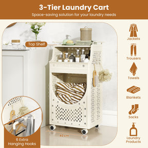 3-Tier Laundry Cart with Hanging Bar Folding Laundry Hamper with Lockable Wheels and Basket