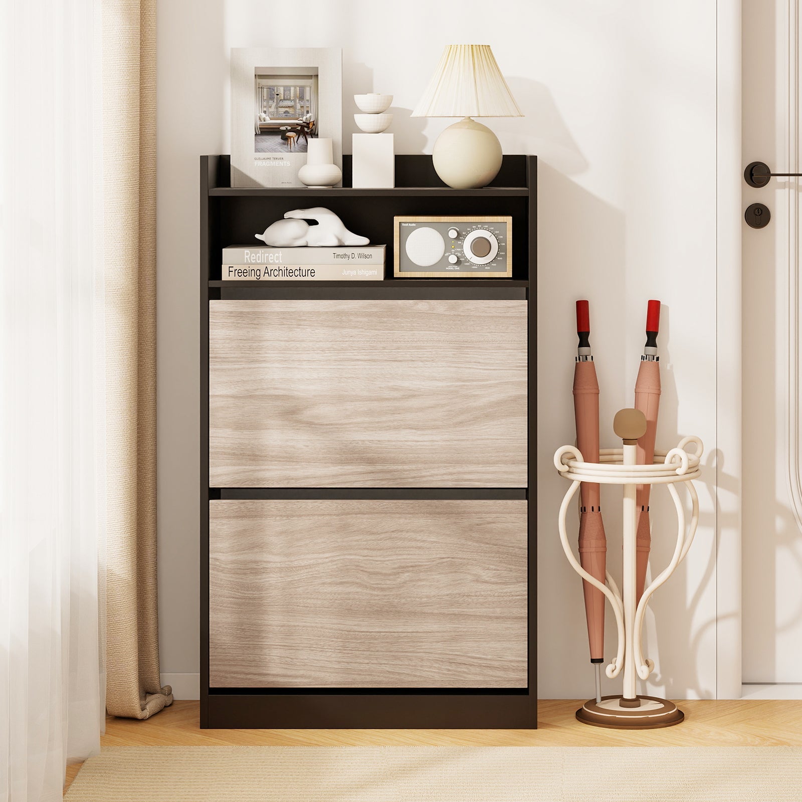 Shoe Storage Cabinet with 2 Flip Drawers, Slim Hidden Narrow Shoe Organizer