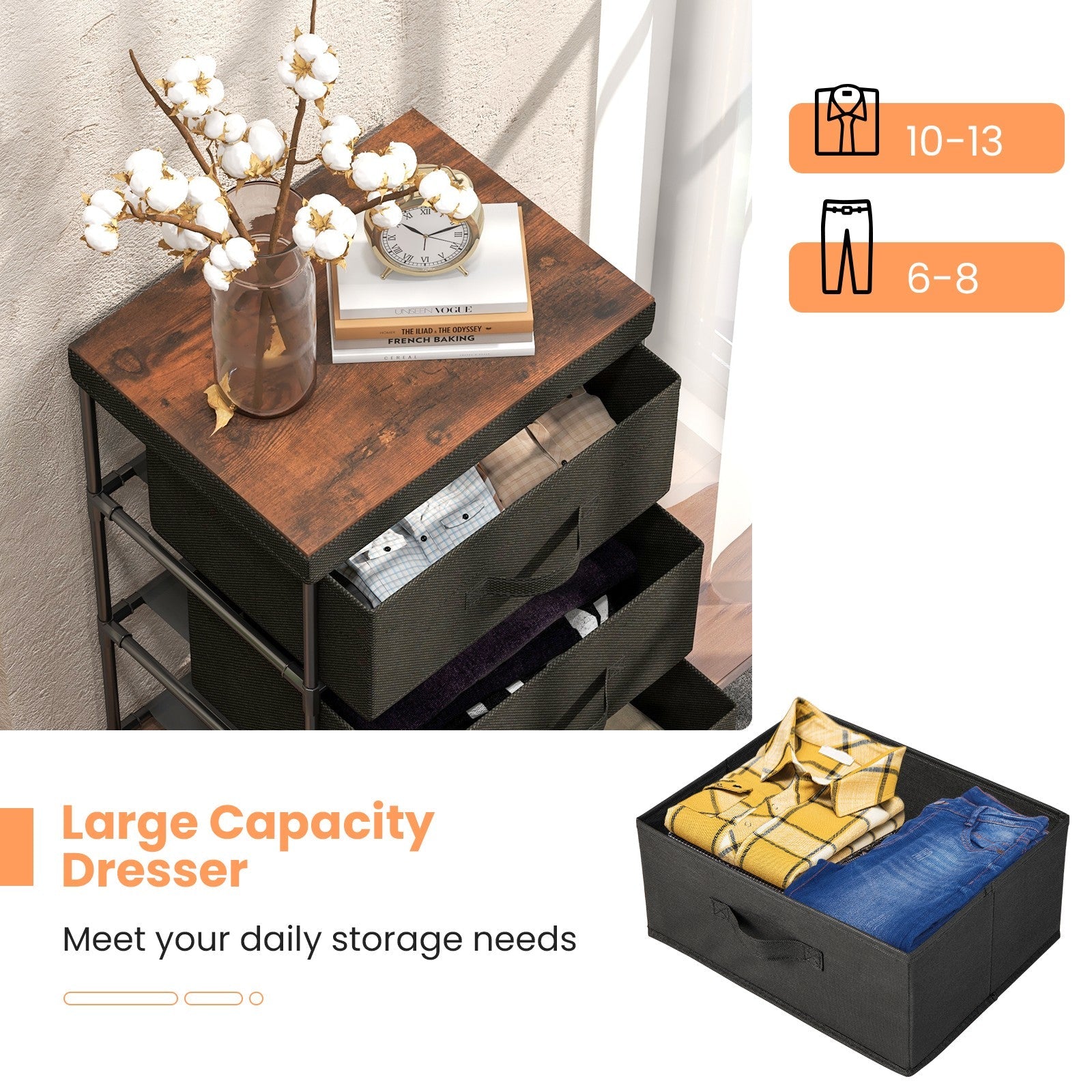 3-Tier Fabric Dresser Fabric Nightstand w/ 3 Drawers Storage Dresser for Bedroom