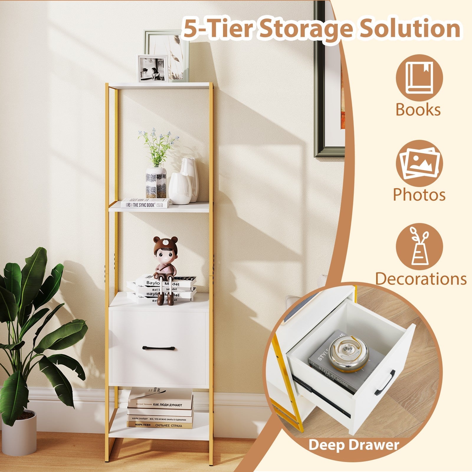 5-Tier Bookshelf with Drawer Tall Narrow Bookcase