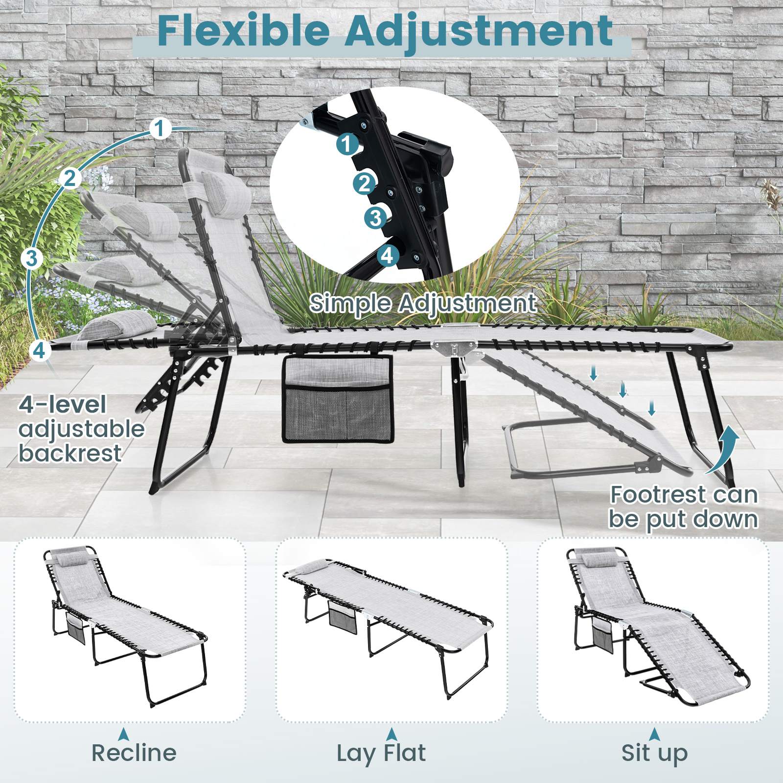 Patio Folding Chaise Lounge with 4-Level Backrest & Detachable Headrest Outdoor（70cm）