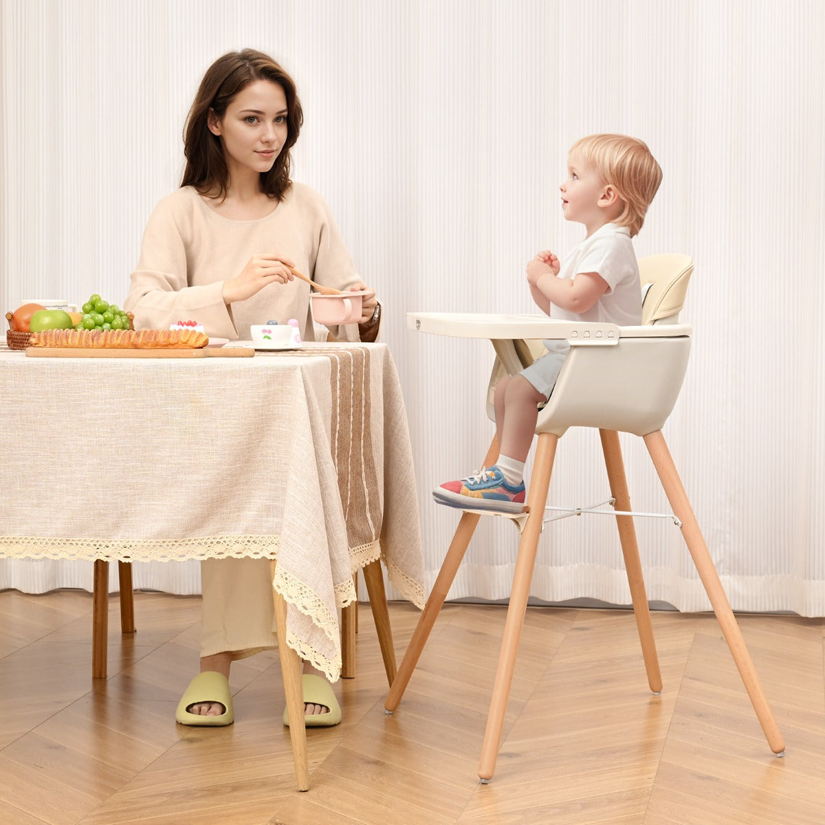 3 in 1 Wooden Convertible Baby High Chair with Removable Tray