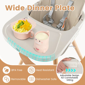 3 in 1 Wooden Convertible Baby High Chair with Removable Tray