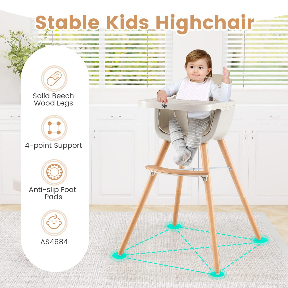 3 in 1 Wooden Convertible Baby High Chair with Removable Tray