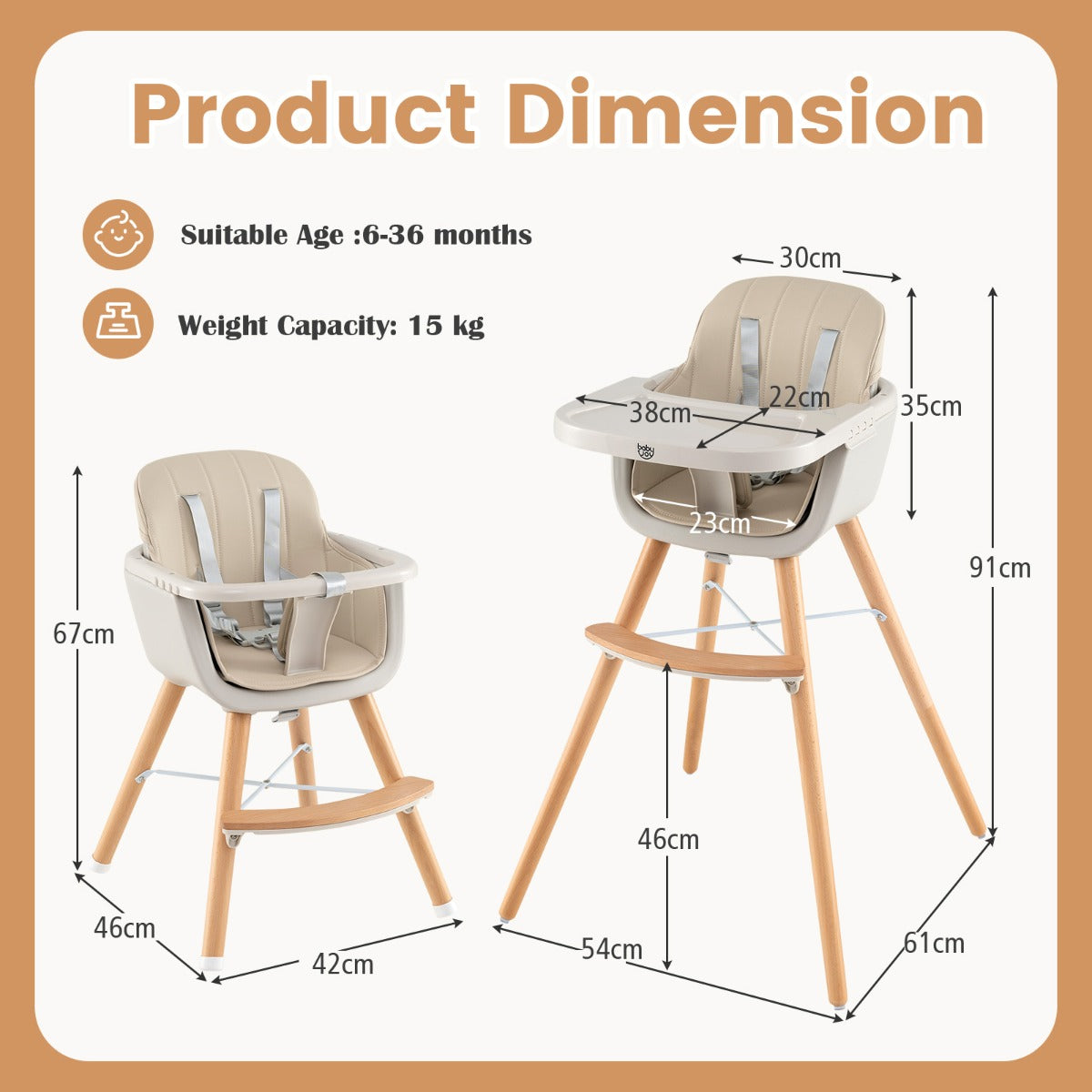3 in 1 Wooden Convertible Baby High Chair with Removable Tray