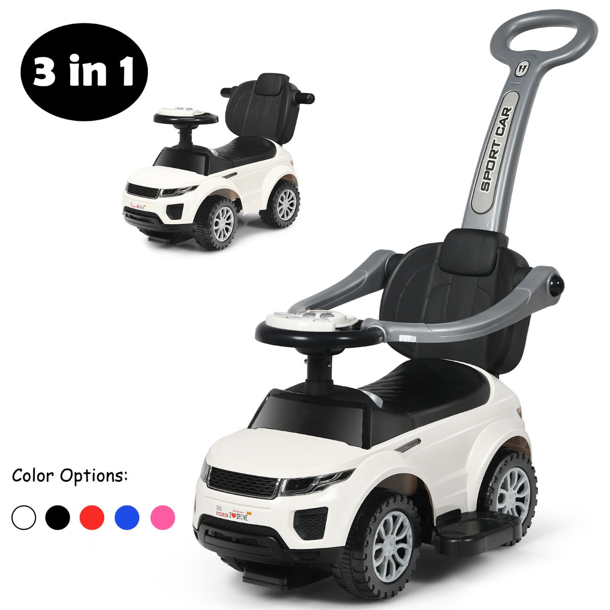 3-in-1 Kids Ride On Push Car with Horn, Music, Light Dancing to Music for Toddlers