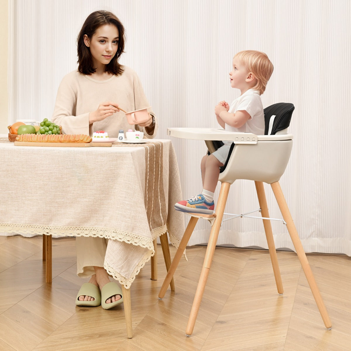3 in 1 Wooden Convertible Baby High Chair with Removable Tray