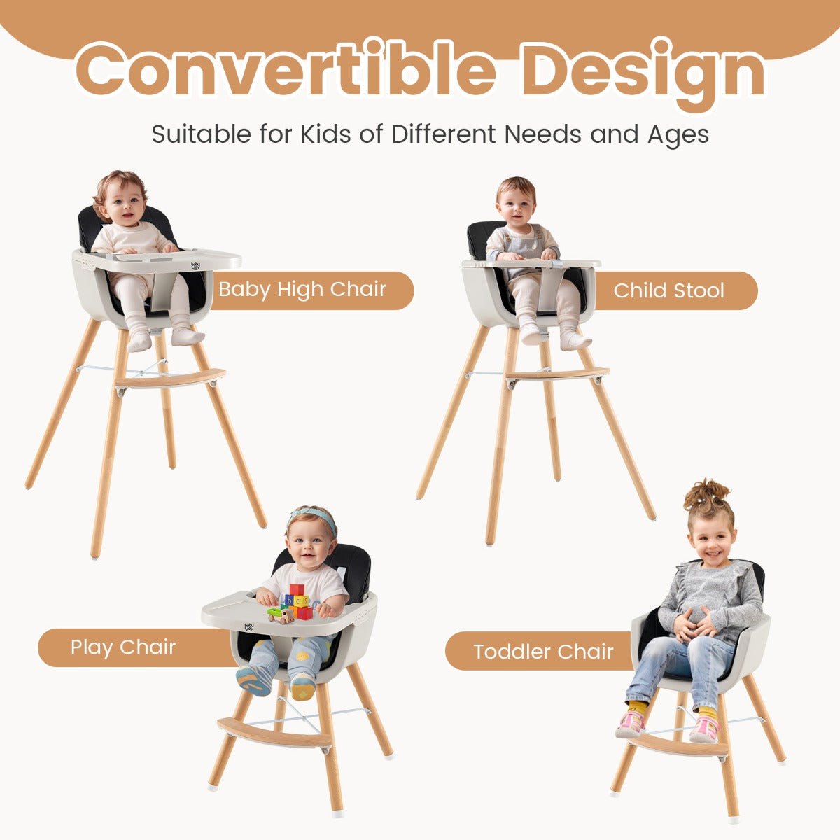 3 in 1 Wooden Convertible Baby High Chair with Removable Tray