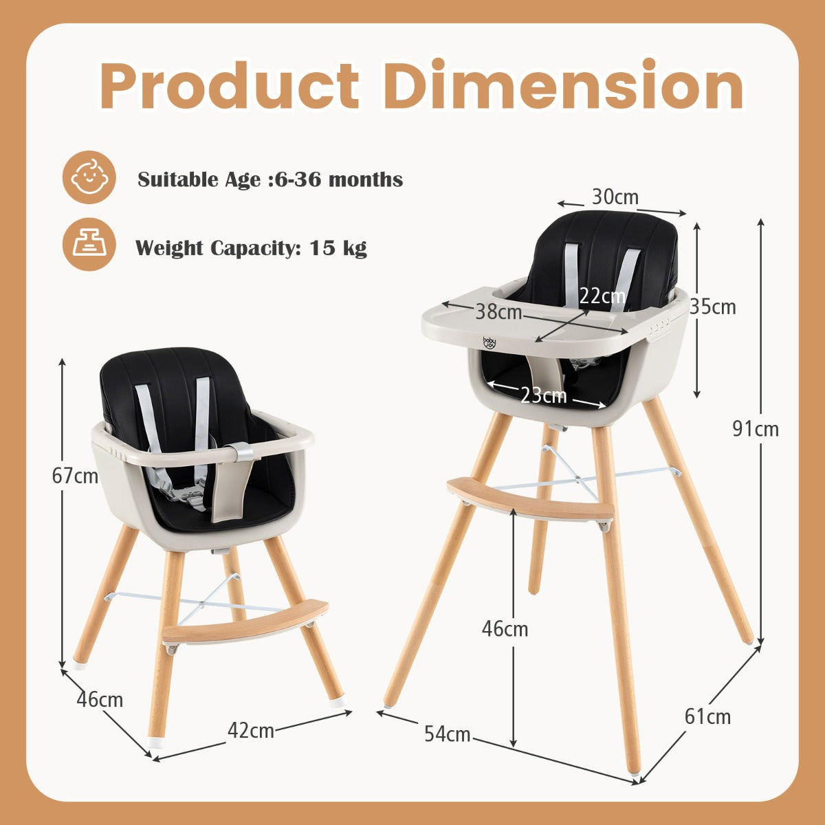3 in 1 Wooden Convertible Baby High Chair with Removable Tray