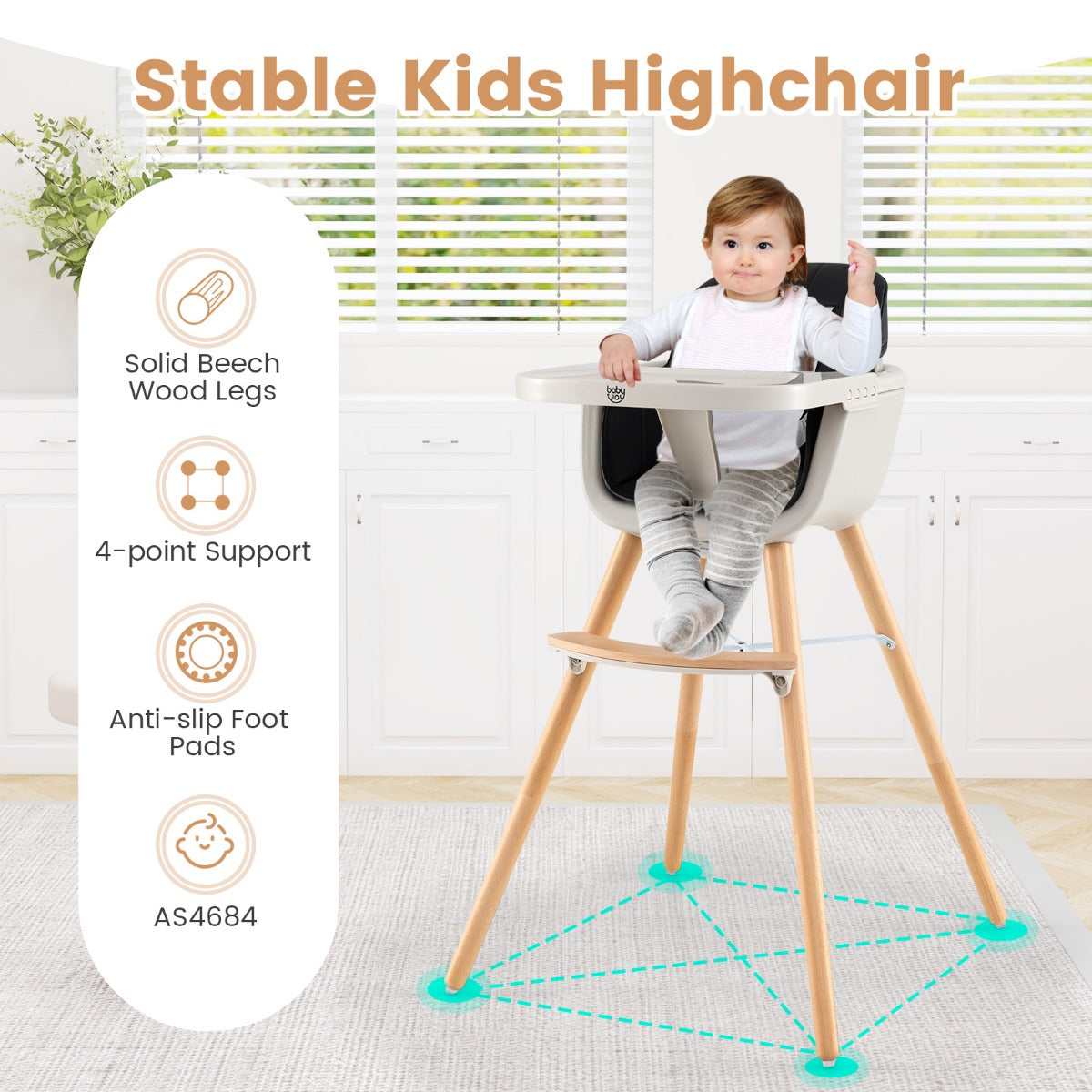 3 in 1 Wooden Convertible Baby High Chair with Removable Tray