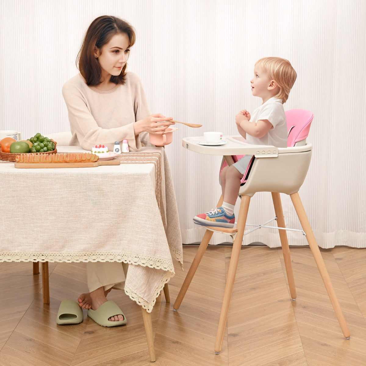 3 in 1 Wooden Convertible Baby High Chair with Removable Tray