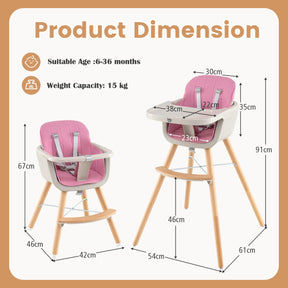 3 in 1 Wooden Convertible Baby High Chair with Removable Tray
