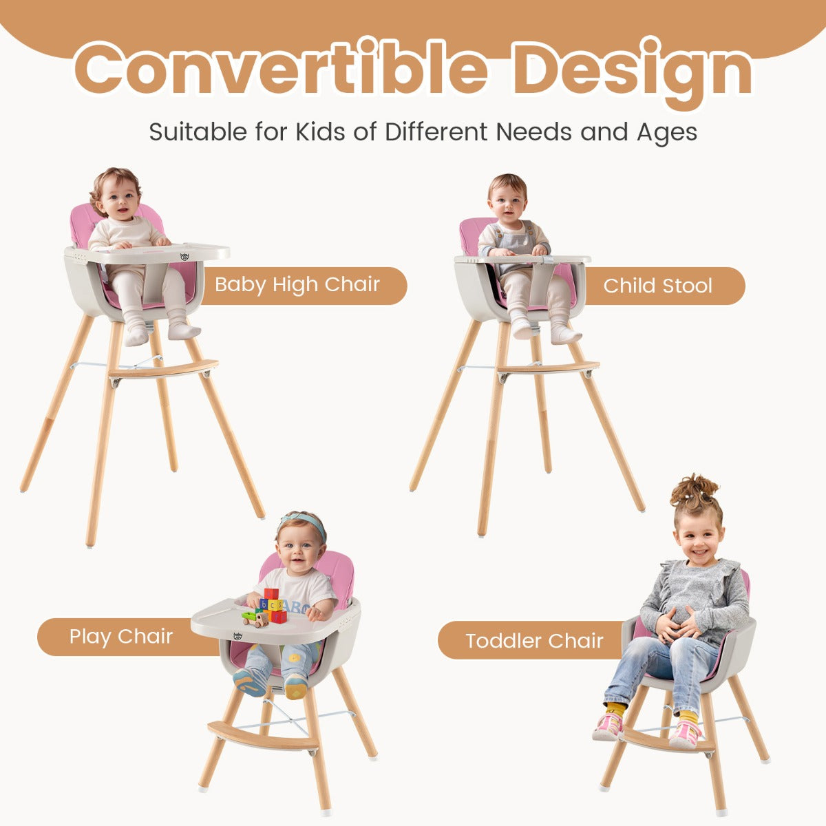 3 in 1 Wooden Convertible Baby High Chair with Removable Tray