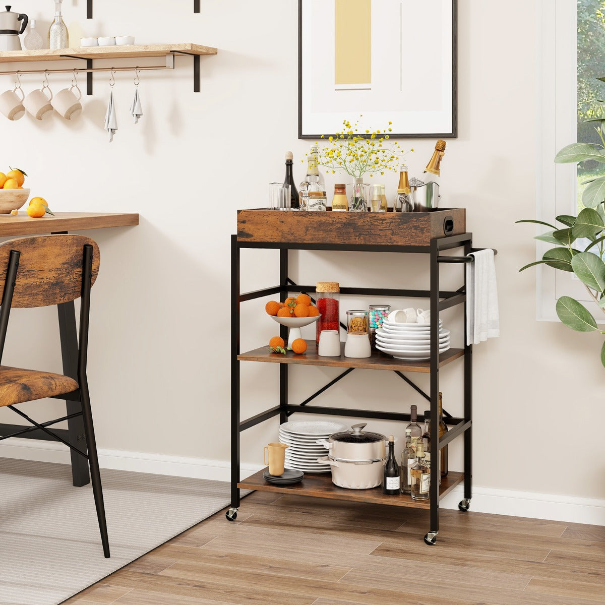 3-Tier Bar Cart Industrial Serving Cart with Detachable Tray