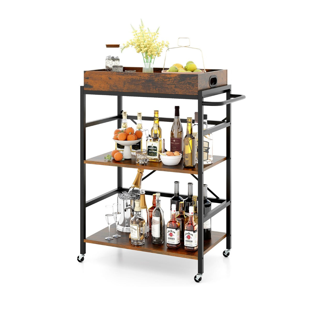 3-Tier Bar Cart Industrial Serving Cart with Detachable Tray
