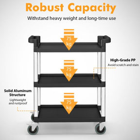 3-Tier Utility Cart with Lockable Wheels and Double Handles